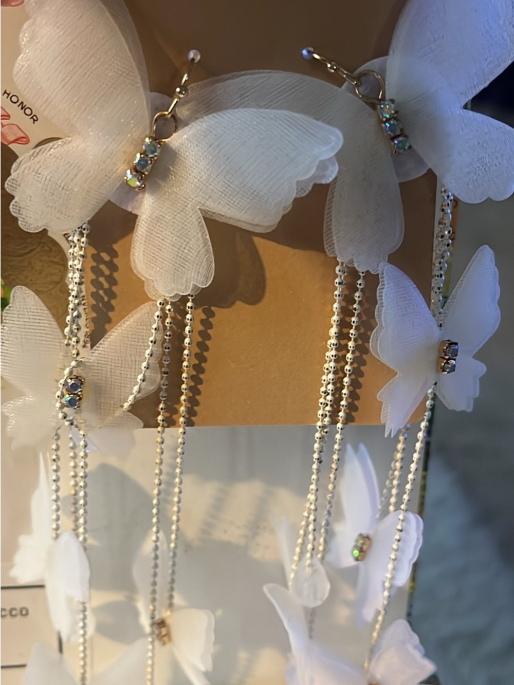 White Butterfly Drop Earrings with Crystal Accents